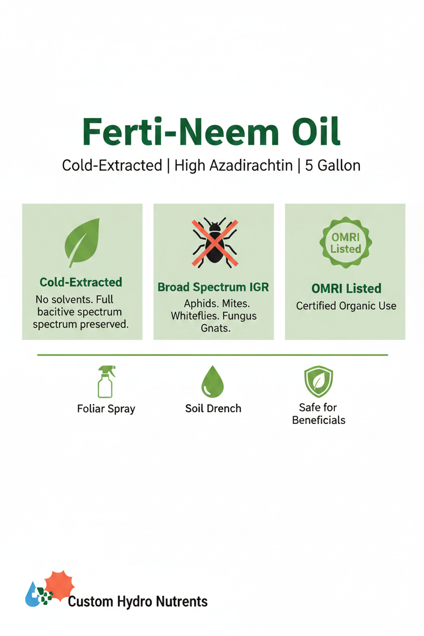 Ferti-Neem Oil OMRI Listed 5 gallon infographic — cold-extracted, high azadirachtin, broad spectrum IGR, certified organic