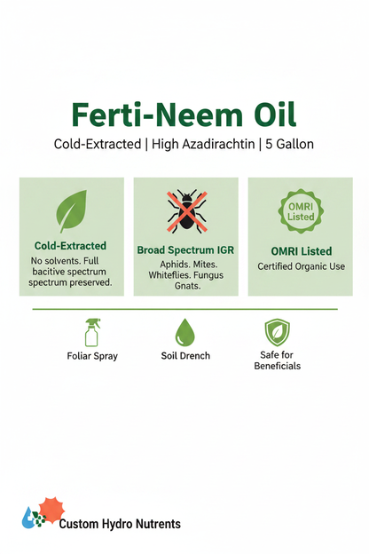 Ferti-Neem Oil OMRI Listed 5 gallon infographic — cold-extracted, high azadirachtin, broad spectrum IGR, certified organic