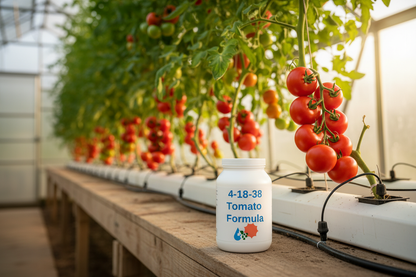 MasterBlend 4-18-38 Tomato Formula 4 lb. jar on a greenhouse bench with ripe red tomatoes growing in a hydroponic NFT system in the background