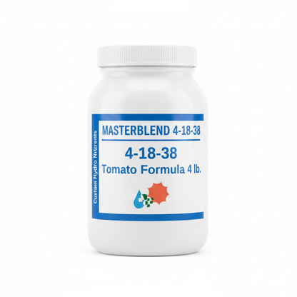 MasterBlend 4-18-38 Tomato Formula 4 lb. white screw-top jar with blue and white label on clean white background
