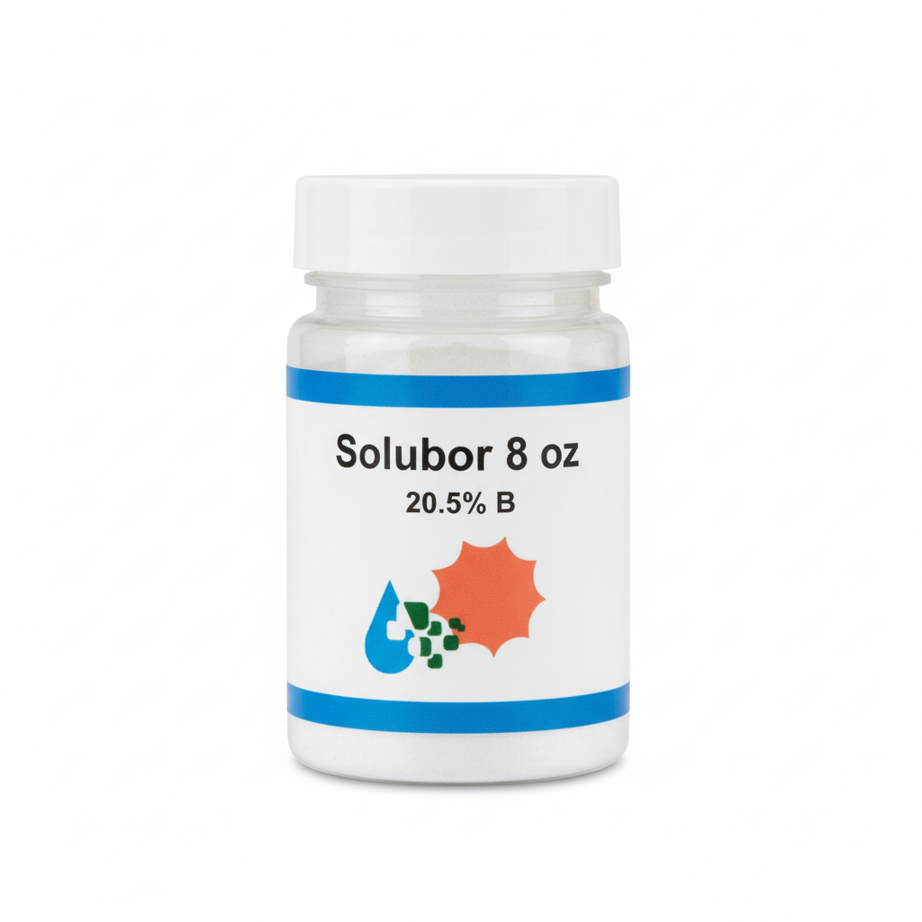 Solubor boron fertilizer 20.5% B 8 oz resealable jar with Custom Hydro Nutrients logo