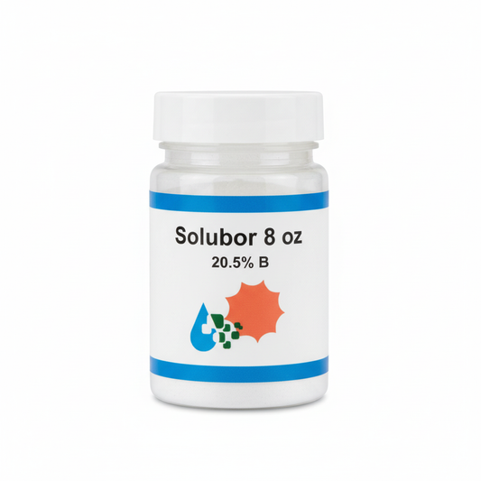 Solubor boron fertilizer 20.5% B 8 oz resealable jar with Custom Hydro Nutrients logo