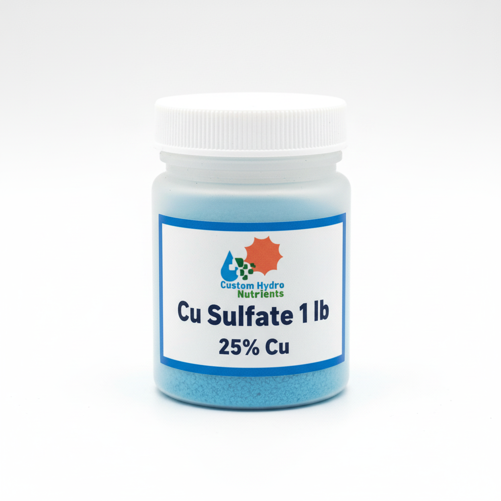 Copper sulfate fine crystals 25% Cu 1 lb resealable wide-mouth plastic container with Custom Hydro Nutrients logo