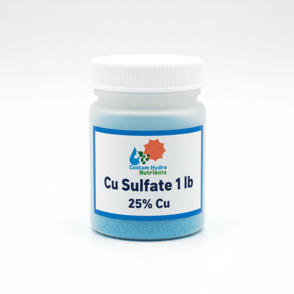 Copper sulfate fine crystals 25% Cu 1 lb resealable wide-mouth plastic container with Custom Hydro Nutrients logo