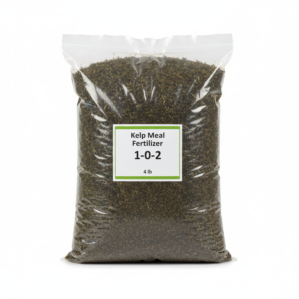 Kelp meal fertilizer 1-0-2 4 lb clear resealable ziplock bag with dark green-brown kelp meal inside