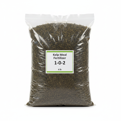 Kelp meal fertilizer 1-0-2 4 lb clear resealable ziplock bag with dark green-brown kelp meal inside