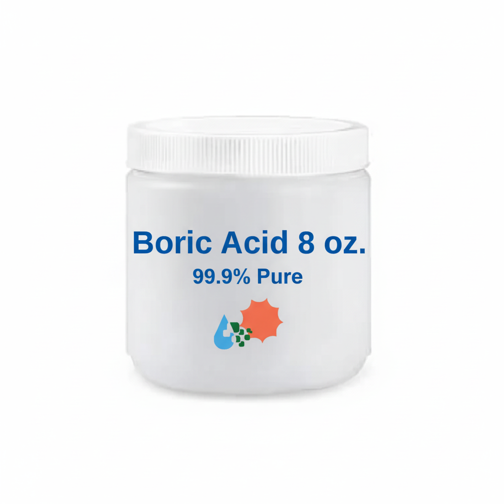 Boric acid powder 99.9% pure 8 oz resealable screw-top jar with Custom Hydro Nutrients logo
