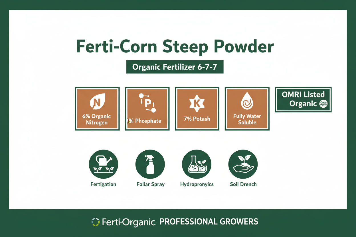 Ferti-Corn Steep Powder 6-7-7 organic fertilizer infographic showing 6% organic nitrogen, 7% phosphate, 7% potash, fully water-soluble formula for fertigation, foliar spray, hydroponics, and soil drench applications