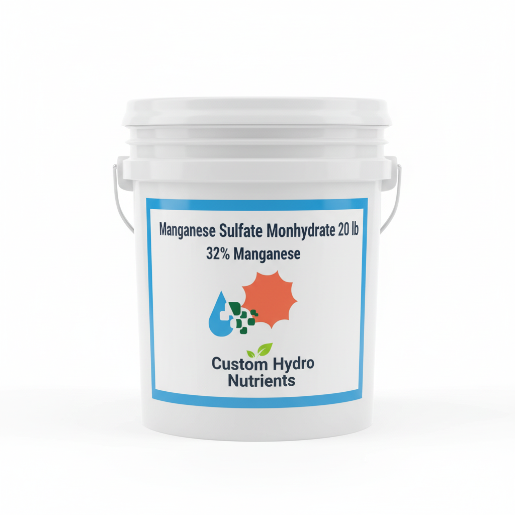 Manganese sulfate monohydrate 20 lb white resealable plastic pail with Custom Hydro Nutrients logo — 32% Mn