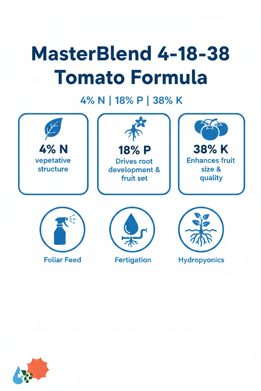 MasterBlend 4-18-38 Tomato Formula fertilizer infographic showing 4% N, 18% P, 38% K nutrient breakdown with foliar, fertigation, and hydroponics application icons