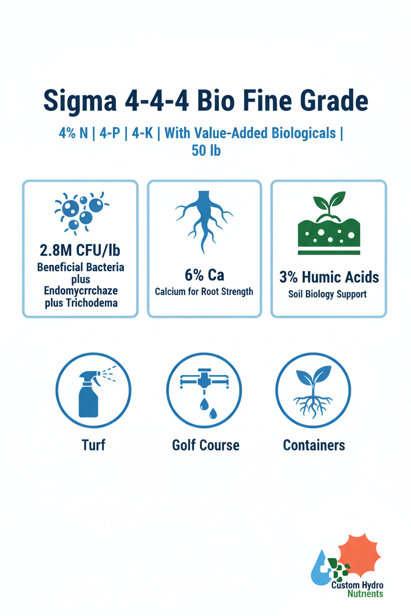 Sigma 4-4-4 Bio Fine Grade organic fertilizer infographic — 4-4-4 NPK, 2.8M CFU/lb biologicals, 6% calcium, 3% humic acids, for turf, golf course, and containers