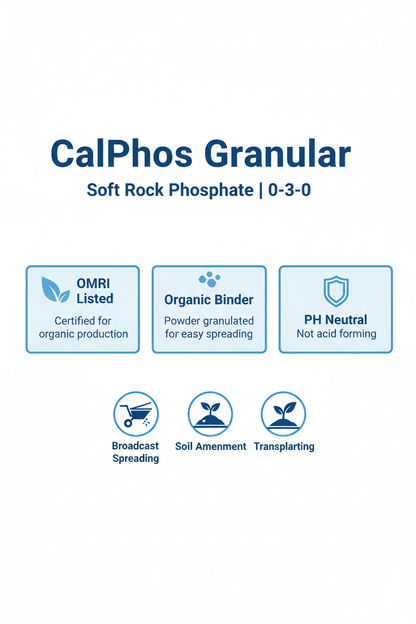 CalPhos granular soft rock phosphate infographic — 0-3-0, OMRI listed, organic binder granulated for easy spreading