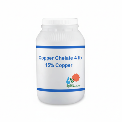 Copper EDTA chelate 15% Cu 4 lb white resealable screw-top jar with Custom Hydro Nutrients logo
