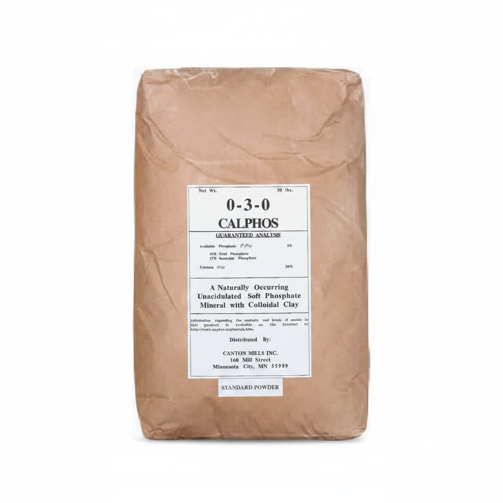 CalPhos soft rock phosphate standard powder 50 lb. brown kraft paper bag — 0-3-0 organic phosphorus and calcium by Canton Mills