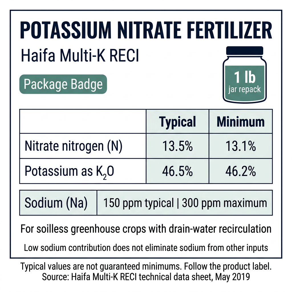 Haifa Multi-K RECI potassium nitrate fertilizer, 1 lb jar repack. Typical analysis: 13.5% nitrate nitrogen and 46.5% K₂O; minimum specifications: 13.1% and 46.2%. Sodium: 150 ppm typical, 300 ppm maximum.