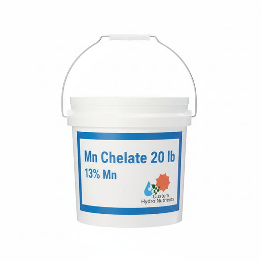 Manganese EDTA chelate 13% Mn 20 lb white pail with Custom Hydro Nutrients logo