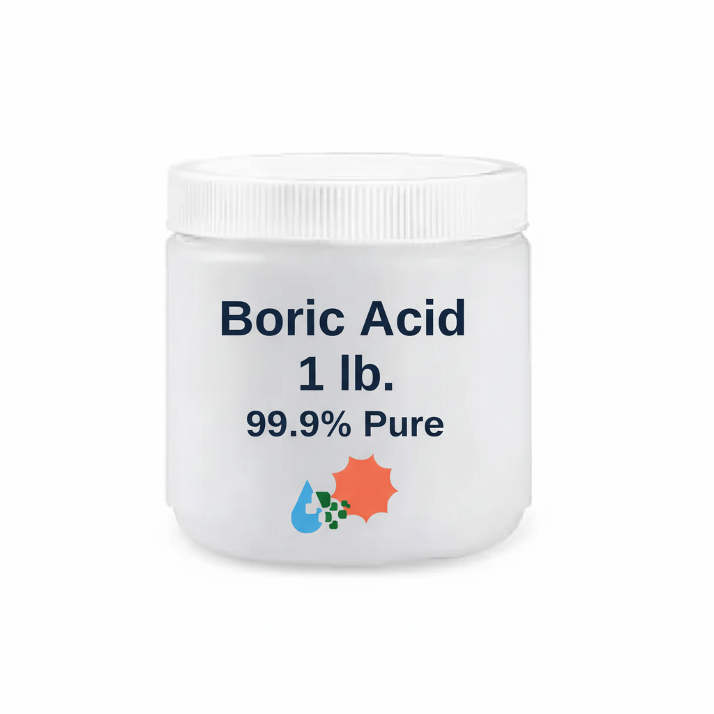 Boric acid powder 99.9% pure 1 lb resealable screw-top jar with Custom Hydro Nutrients logo