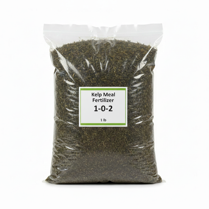 Kelp meal fertilizer 1-0-2 1 lb clear resealable ziplock bag with dark green-brown kelp meal inside