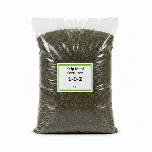 Kelp meal fertilizer 1-0-2 1 lb clear resealable ziplock bag with dark green-brown kelp meal inside
