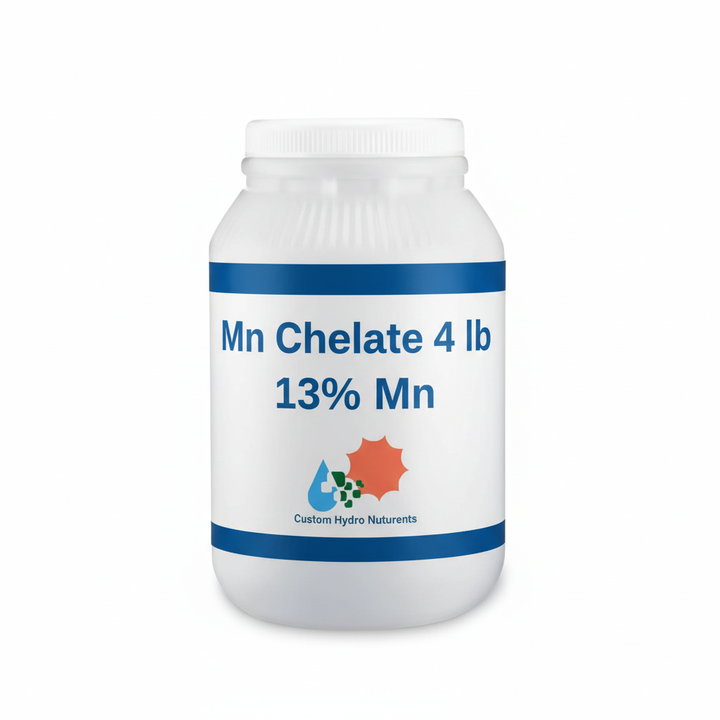 Manganese EDTA chelate 13% Mn 4 lb white resealable screw-top jar with Custom Hydro Nutrients logo