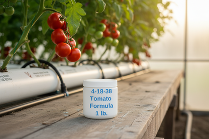 MasterBlend 4-18-38 Tomato Formula 1 lb. jar on a greenhouse bench with ripe red tomatoes growing in a hydroponic NFT system in the background