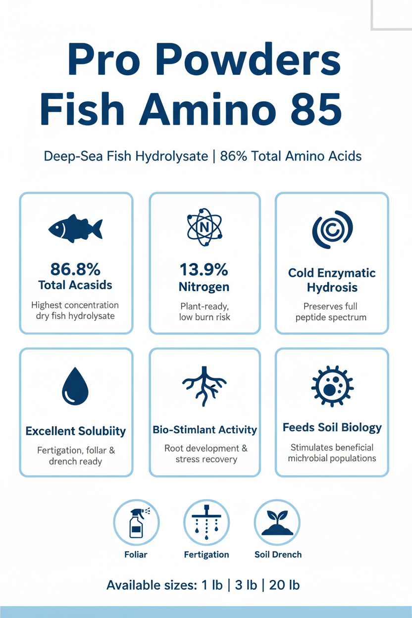 Pro Powders Fish Amino 85 infographic — 86.8% total amino acids, 13.9% organic nitrogen, cold enzymatic deep-sea fish hydrolysate powder