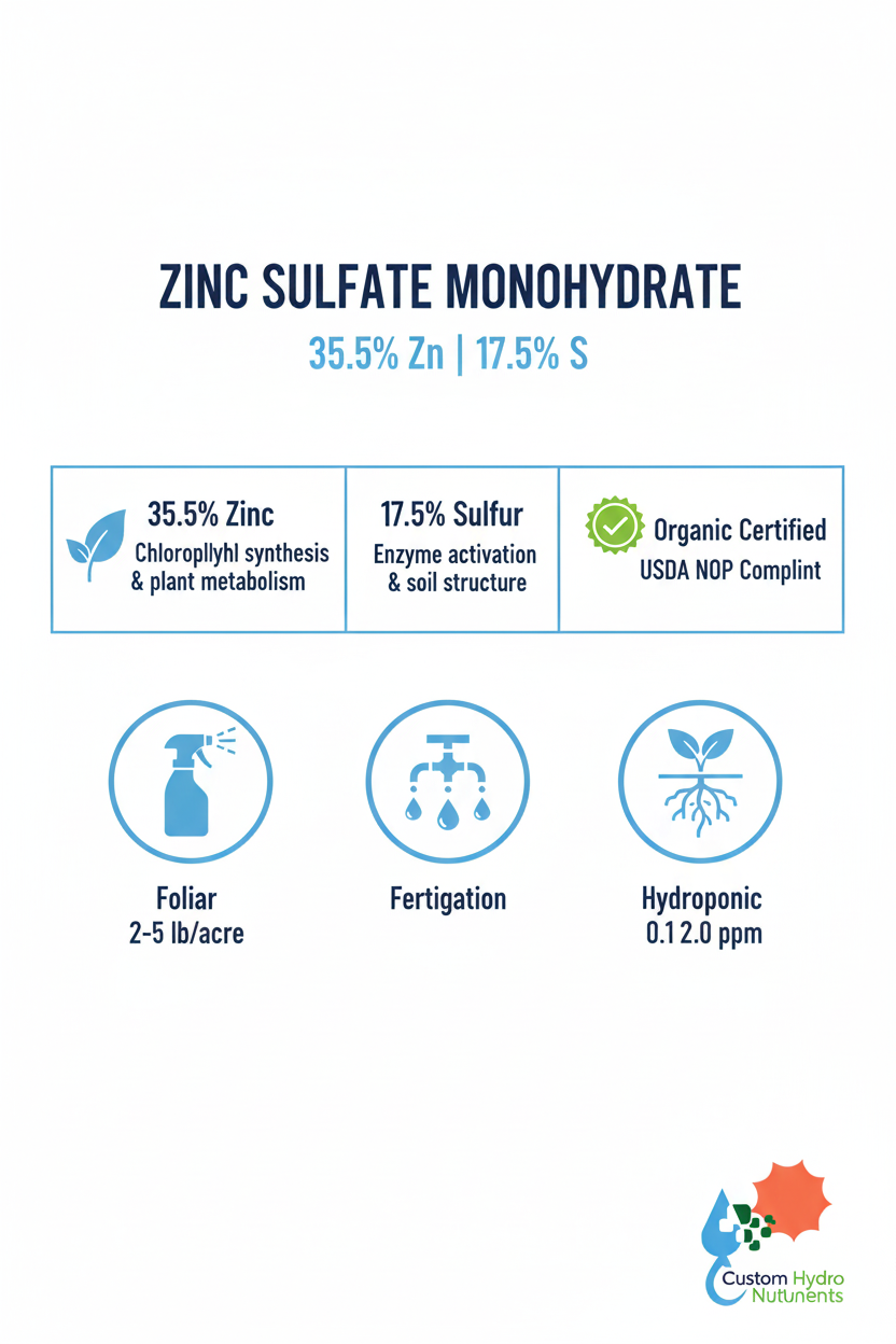 Zinc Sulfate Monohydrate infographic — 35.5% Zn, 17.5% S, organic certified, foliar fertigation and hydroponic application rates