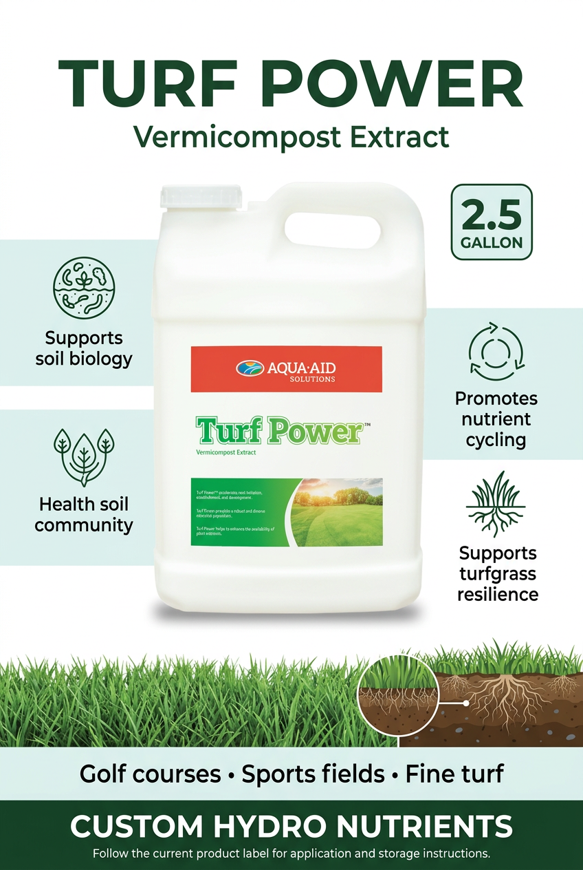 Turf Power 2.5 gallon jug with infographic highlighting soil biology, nutrient cycling, and turfgrass resilience.