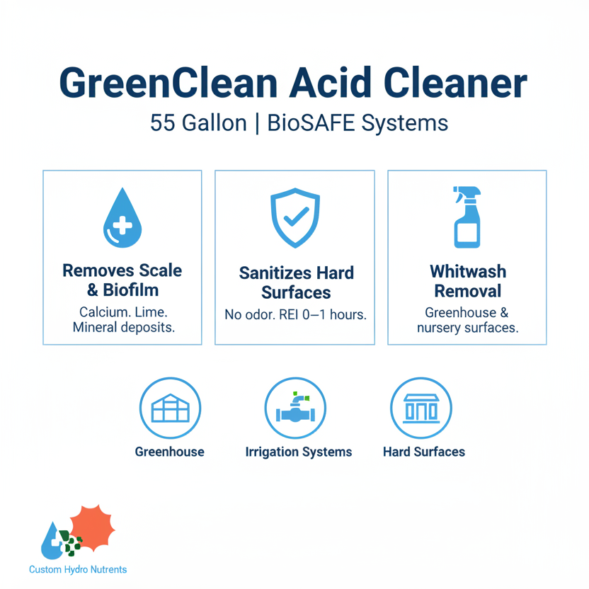 GreenClean Acid Cleaner 5 gallon infographic — removes scale, biofilm, calcium and lime deposits, sanitizes greenhouse and irrigation surfaces, REI 0-1 hours