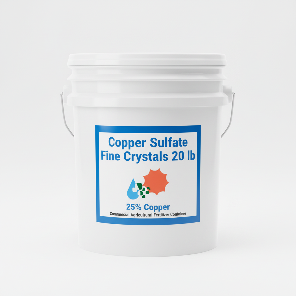 Copper sulfate fine crystals 20 lb white 2-gallon plastic pail with Custom Hydro Nutrients logo