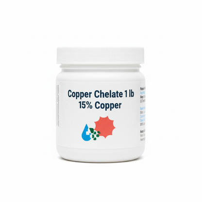 Copper EDTA chelate 15% Cu 1 lb resealable screw-top jar with Custom Hydro Nutrients logo