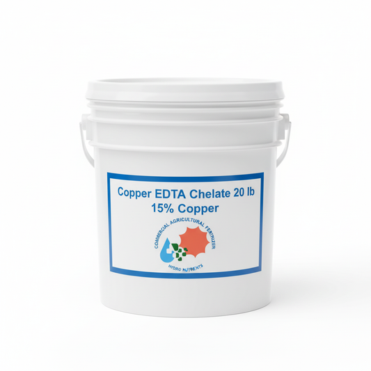 Copper EDTA chelate 15% Cu 20 lb white pail with Custom Hydro Nutrients logo