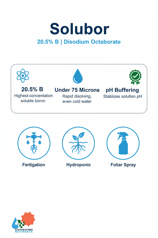 Solubor boron fertilizer 20.5% B infographic showing fertigation, hydroponic and foliar applications