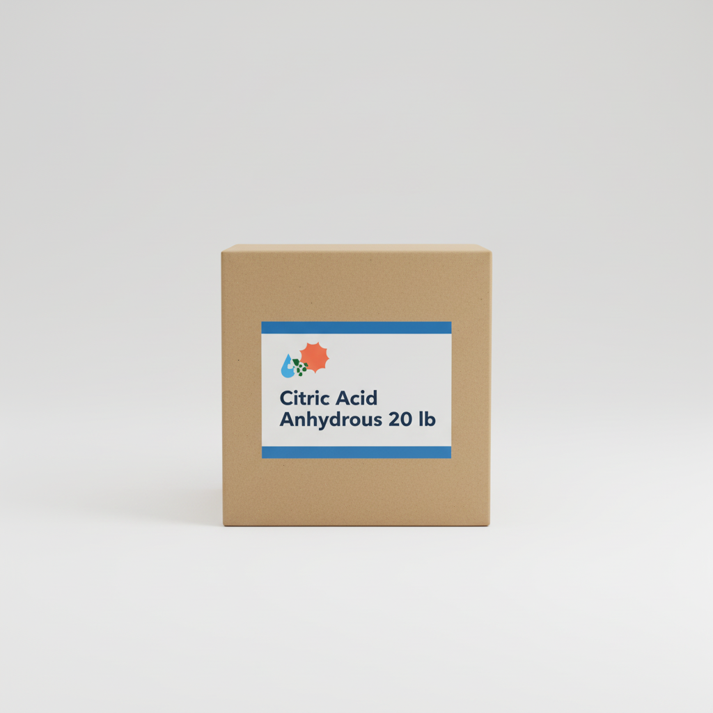 Citric acid anhydrous 20 lb brown kraft box — food-grade, non-GMO, NOP compliant pH adjuster and nutrient chelator