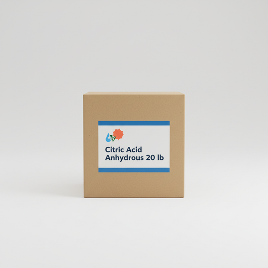 Citric acid anhydrous 20 lb brown kraft box — food-grade, non-GMO, NOP compliant pH adjuster and nutrient chelator
