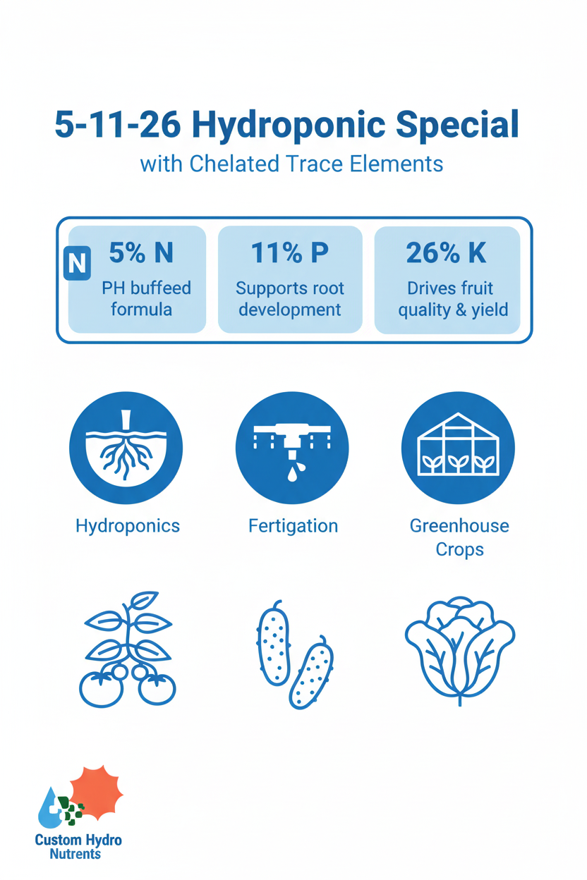 5-11-26 Hydroponic Special fertilizer infographic — 5% N, 11% P, 26% K, chelated trace elements, for hydroponics, tomatoes, cucumbers, lettuce