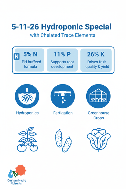 5-11-26 Hydroponic Special fertilizer infographic — 5% N, 11% P, 26% K, chelated trace elements, for hydroponics, tomatoes, cucumbers, lettuce