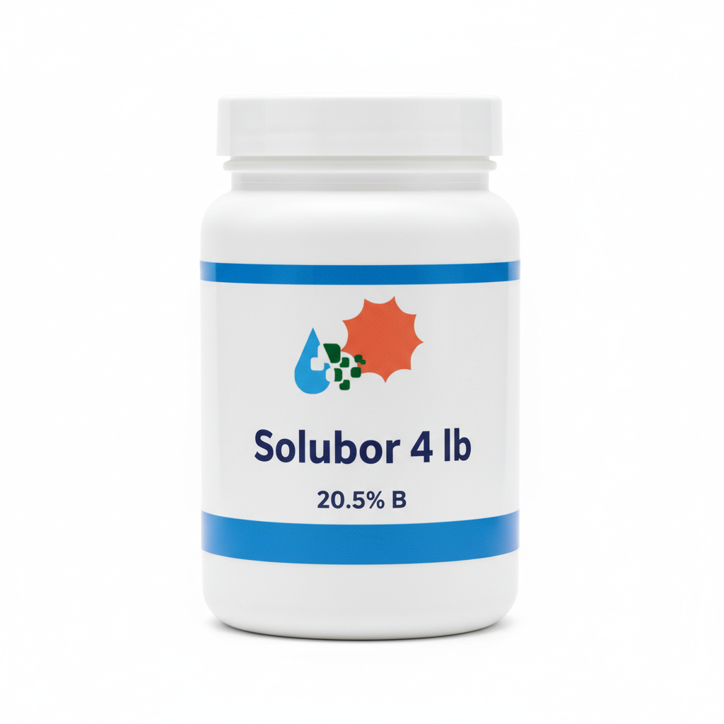 Solubor boron fertilizer 20.5% B 4 lb white resealable screw-top jar with Custom Hydro Nutrients logo