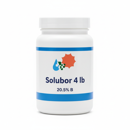 Solubor boron fertilizer 20.5% B 4 lb white resealable screw-top jar with Custom Hydro Nutrients logo