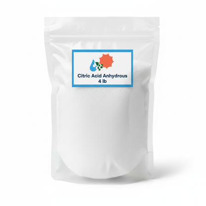 Citric acid anhydrous 4 lb resealable bag — pure white crystalline powder, food-grade, non-GMO, NOP compliant