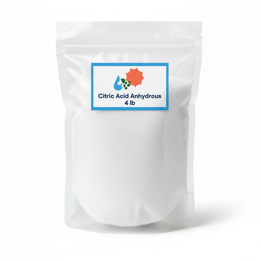 Citric acid anhydrous 4 lb resealable bag — pure white crystalline powder, food-grade, non-GMO, NOP compliant