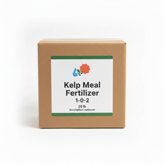 Kelp meal fertilizer 1-0-2 20 lb cubic box with green and white label
