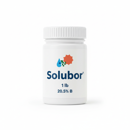 Solubor boron fertilizer 20.5% B 1 lb resealable jar with Custom Hydro Nutrients logo