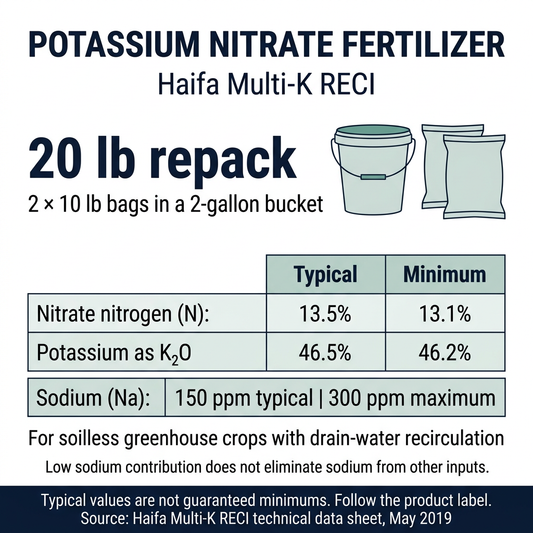 Haifa Multi-K RECI potassium nitrate fertilizer, 20 lb repack containing two 10 lb bags in a 2-gallon bucket. Typical analysis: 13.5% nitrate nitrogen and 46.5% K₂O. Sodium: 150 ppm typical, 300 ppm maximum.