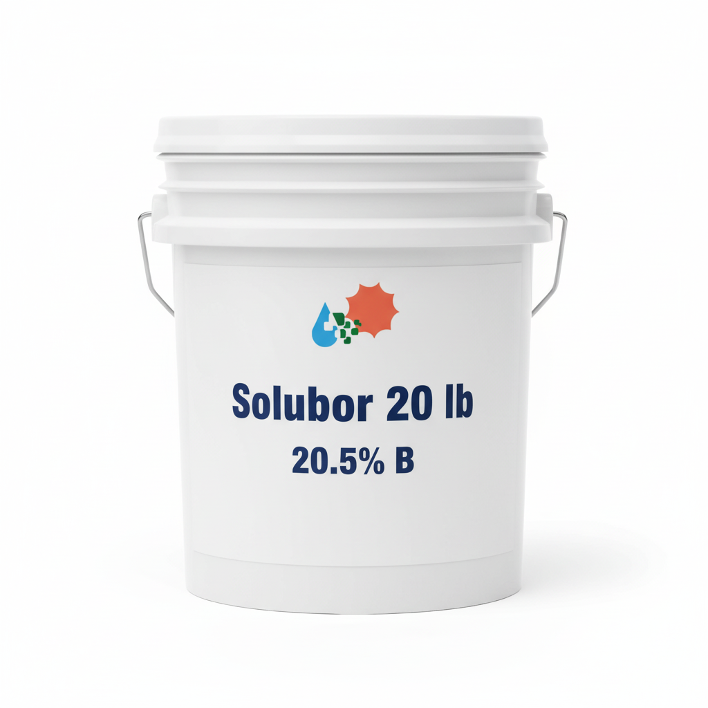 Solubor boron fertilizer 20.5% B 20 lb white pail with Custom Hydro Nutrients logo