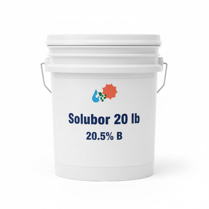 Solubor boron fertilizer 20.5% B 20 lb white pail with Custom Hydro Nutrients logo