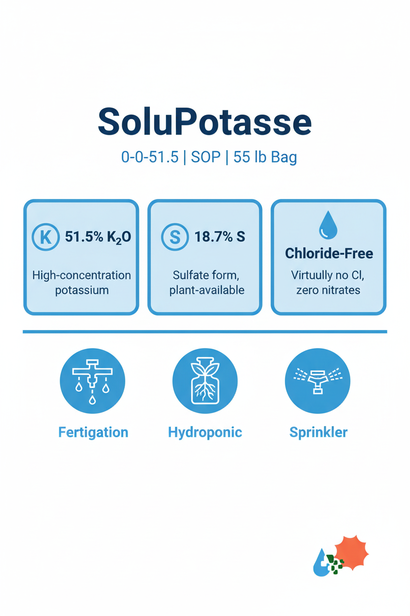 SoluPotasse SOP 0-0-51.5 infographic showing 51.5% K2O, 18.7% sulfur, chloride-free, fertigation and hydroponic applications