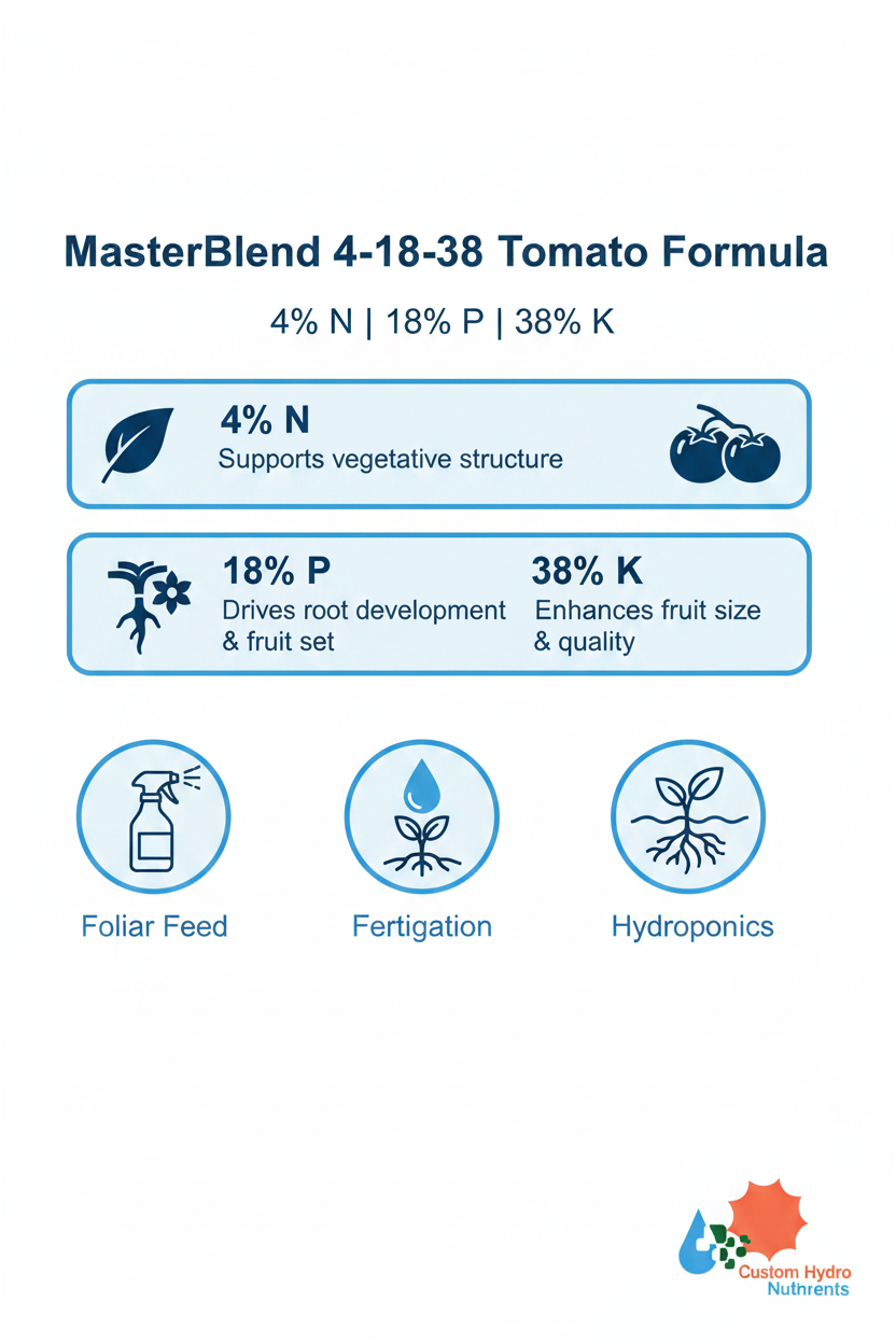MasterBlend 4-18-38 Tomato Formula fertilizer infographic showing 4% N, 18% P, 38% K nutrient breakdown with foliar, fertigation, and hydroponics application icons