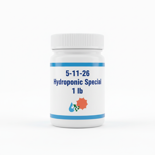 5-11-26 Hydroponic Special fertilizer 1 lb white plastic jar — chelated trace elements, for hydroponics, tomatoes, cucumbers, lettuce