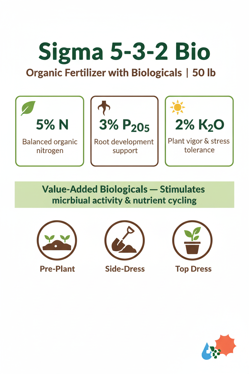 Sigma 5-3-2 Bio organic fertilizer infographic showing 5% N, 3% P2O5, 2% K2O, value-added biologicals, and application methods